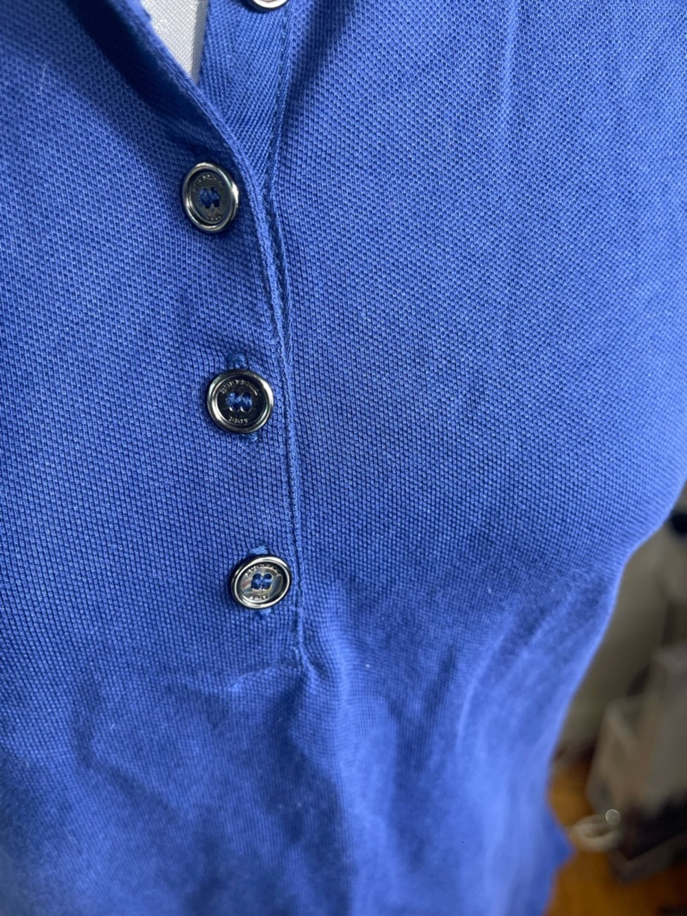 Burberry Royal Blue Button-Front Polo with Sheer Puff Sleeves - Picture 4 of 5